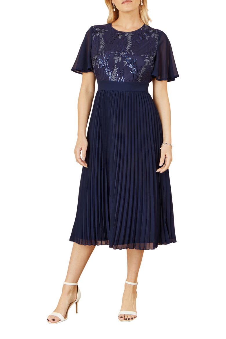 Sequin Embellished Pleated Midi Dress, Alternate, color, Navy