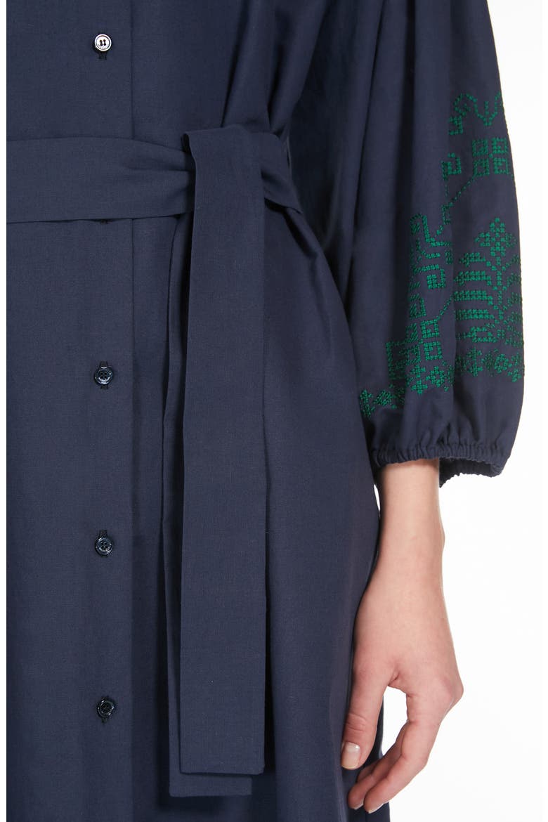 Ossola Embroidered Detail Long Sleeve Cotton& Linen Midi Shirtdress, Alternate, color, NAVY