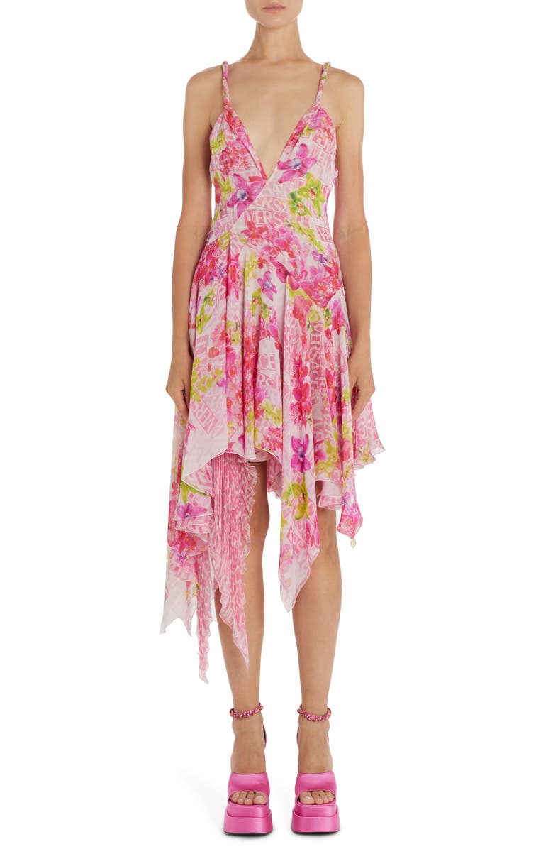 Versace Orchid Print Handkerchief Hem Silk Chiffon Dress, Main, color, 
