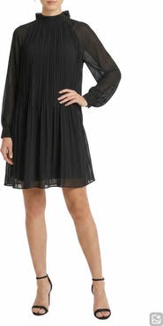 London Times Tie Back Bishop Sleeve Plissè Swing Dress