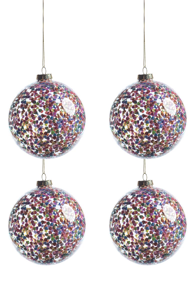 Zodax Set of 4 Multicolor Sequin Large Glass Ball Ornaments, Main, color, 