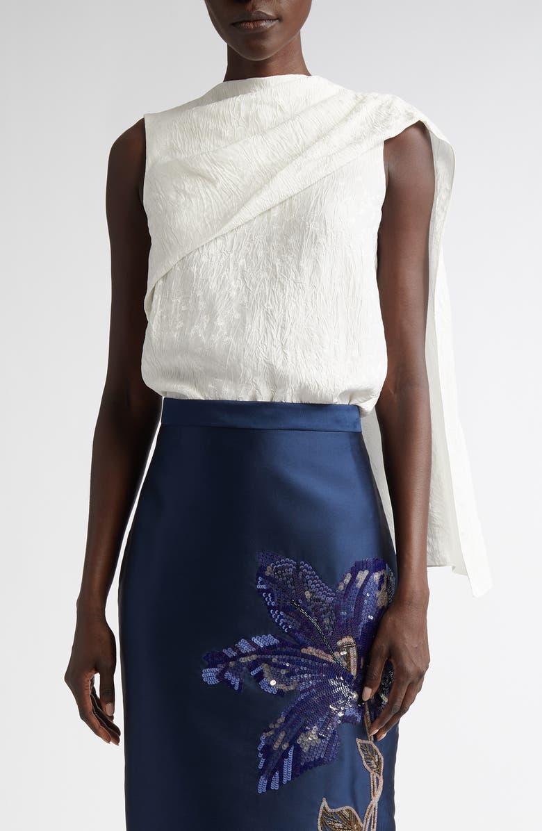 Erdem Asymmetric Drape Scarf Floral Jacquard Crushed Satin Top, Main, color, 