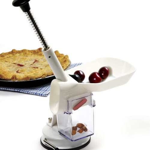 Norpro Deluxe Automatic Feed Cherry Pitter With Suction Base And Catch Hopper In White