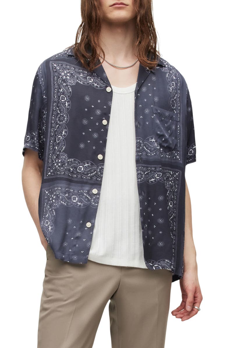 AllSaints Tikal Relaxed Fit Bandana Print Short Sleeve Button-Up Shirt, Main, color, 