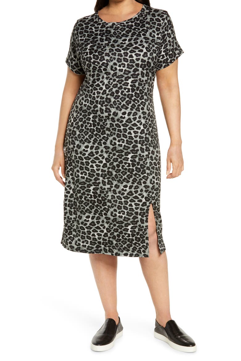 Side Slit Midi T-Shirt Dress, Main, color, LEOPARD