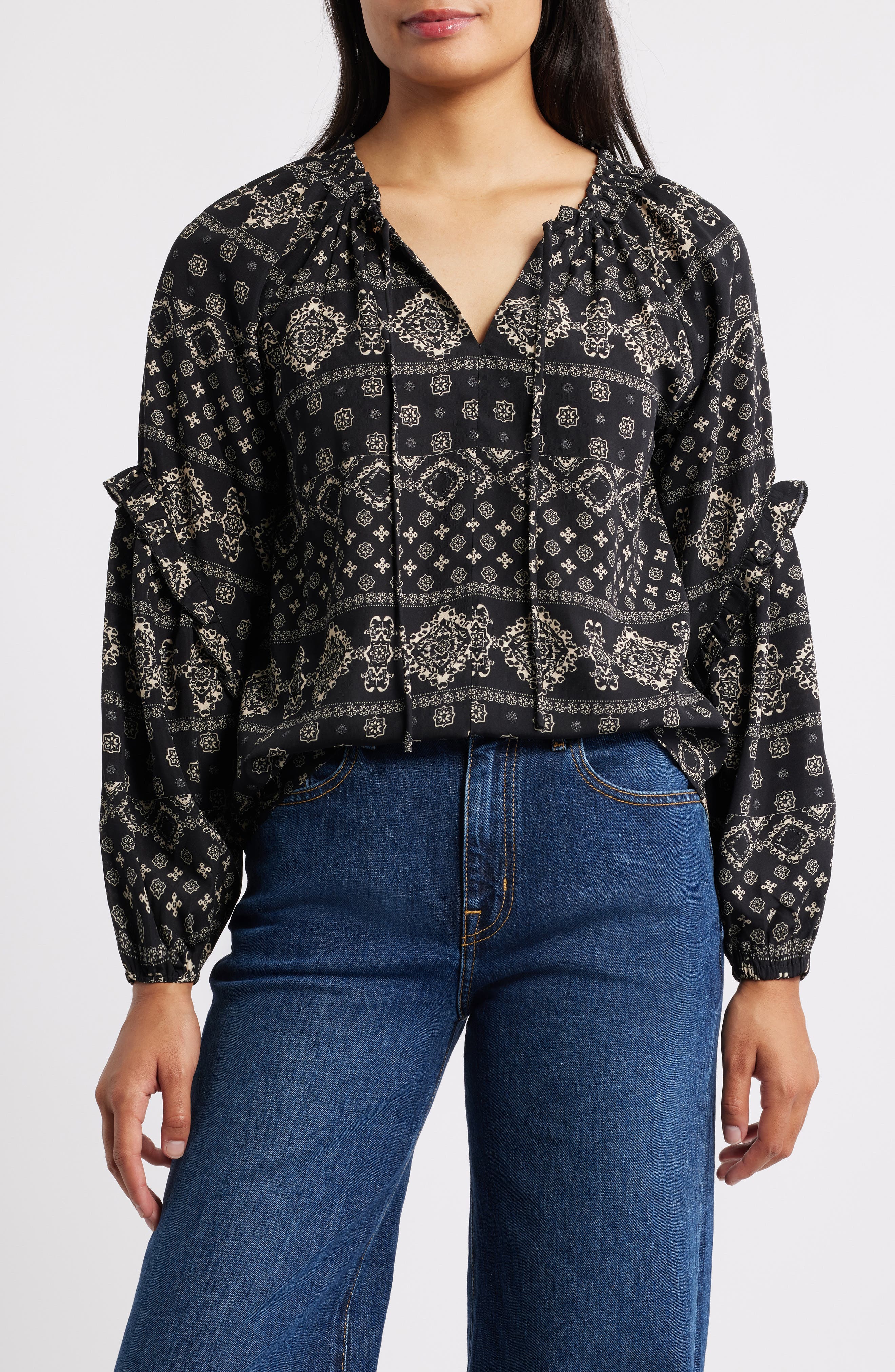 Bobeau Paisley Print Long Sleeve Woven Shirt in Black/Oatmeal 