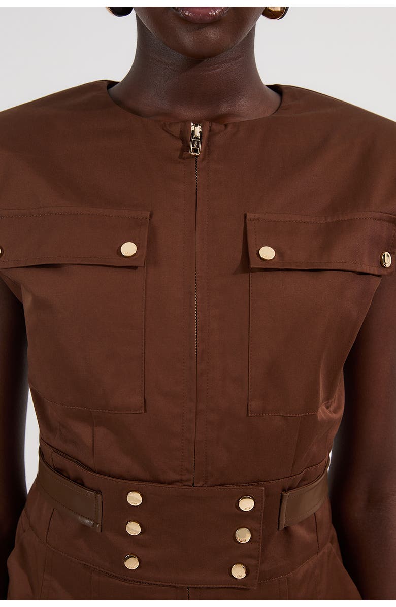 Karen Millen Cotton & Faux Leather Utility Jumpsuit, Alternate, color, Chocolate