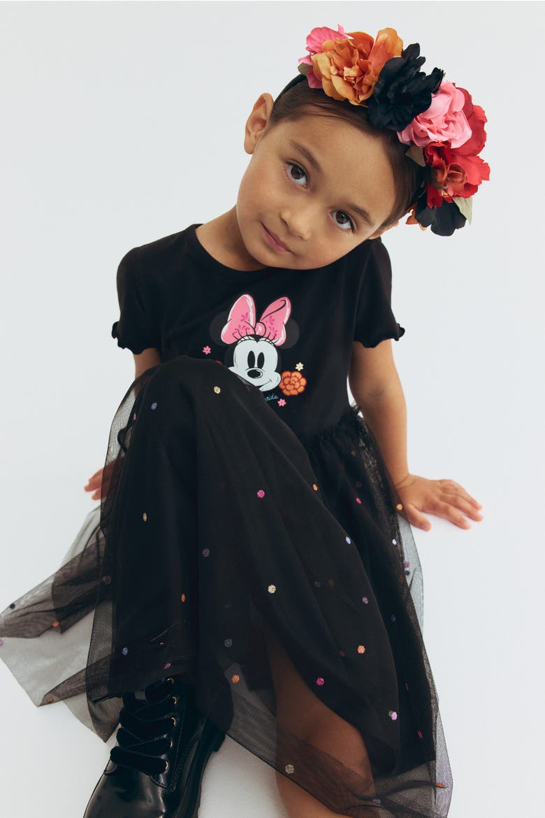Printed Tulle-Skirt Dress, Alternate, color, Black/Minnie Mouse