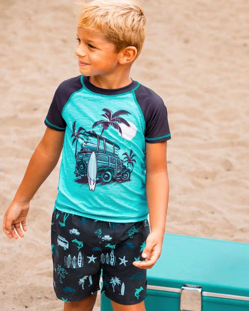 DEUX PAR DEUX DEUX PAR DEUX LITTLE BOY'S PRINTED SWIM TRUNKS LIGHT BLUE BEACH ON BLACK 