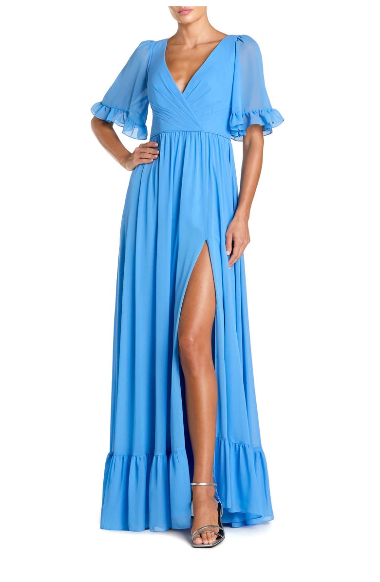 Mac Duggal V-Neck Flutter Sleeve Chiffon Faux Wrap Maxi Gown, Main, color, Fusion Blue