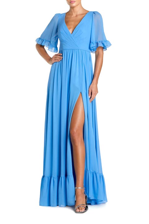 V-Neck Flutter Sleeve Chiffon Faux Wrap Maxi Gown
