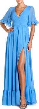 Mac Duggal V-Neck Flutter Sleeve Chiffon Faux Wrap Maxi Gown