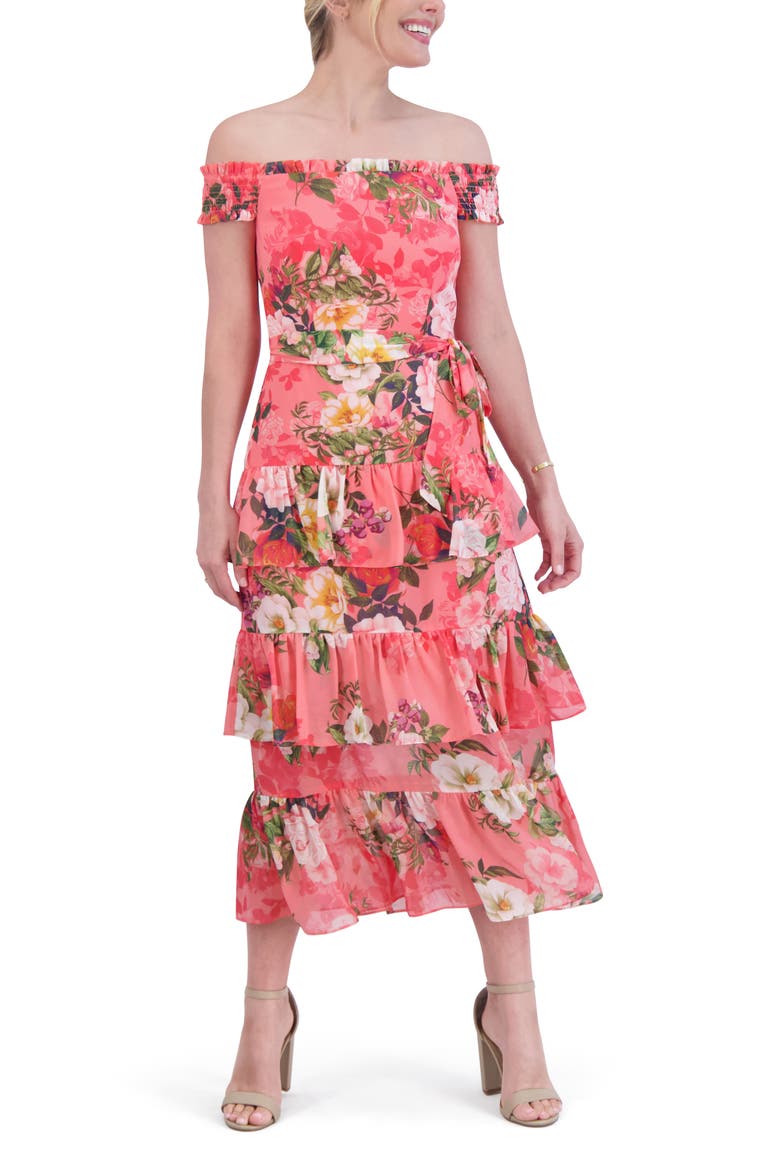 Floral Off the Shoulder Tiered Midi Dress, Alternate, color, CORAL