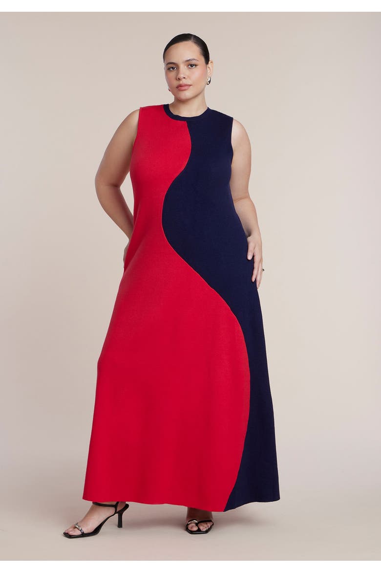 Colorblocked Intarsia Knit Maxi Dress, Main, color, RED AND NAVY