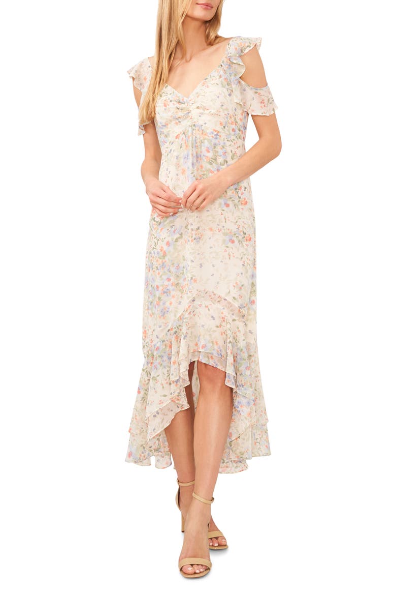 Floral Ruffle Chiffon High-Low Dress, Main, color, EGRET IVORY