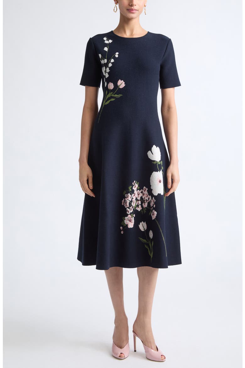 Mixed Botanical Jacquard Sweater Dress, Main, color, NAVY