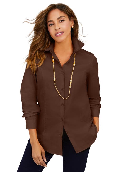 Jessica London Wrinkle-free Stretch Poplin Shirt In Brown