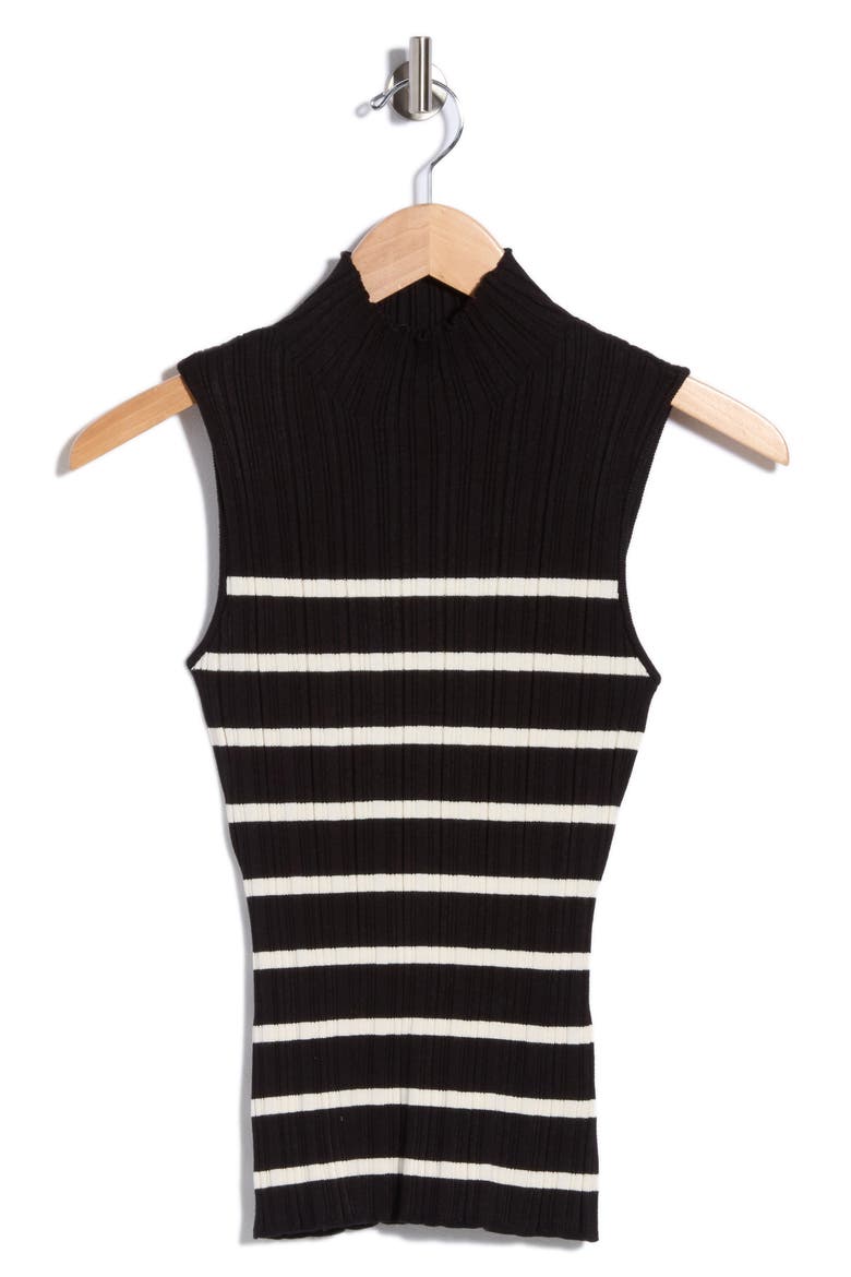Mock Neck Sleeveless Ribbed Sweater, Alternate, color, BLACK/ IVORY