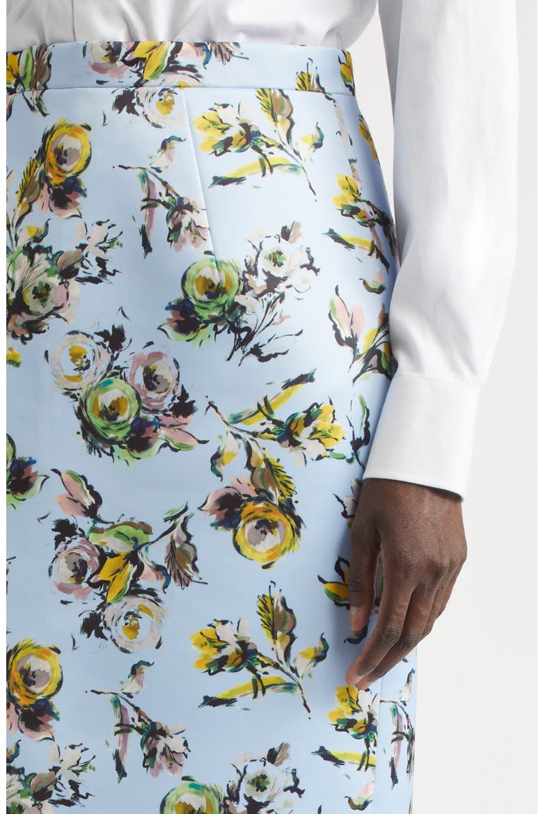 Lorelei Floral Satin Midi Pencil Skirt, Alternate, color, FLORAL GREEN/YELLOW ON BLUE