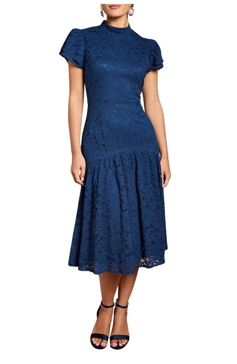 Coast Lace Frill Sleeve High Neck Midi Dress, Alternate, color, Navy