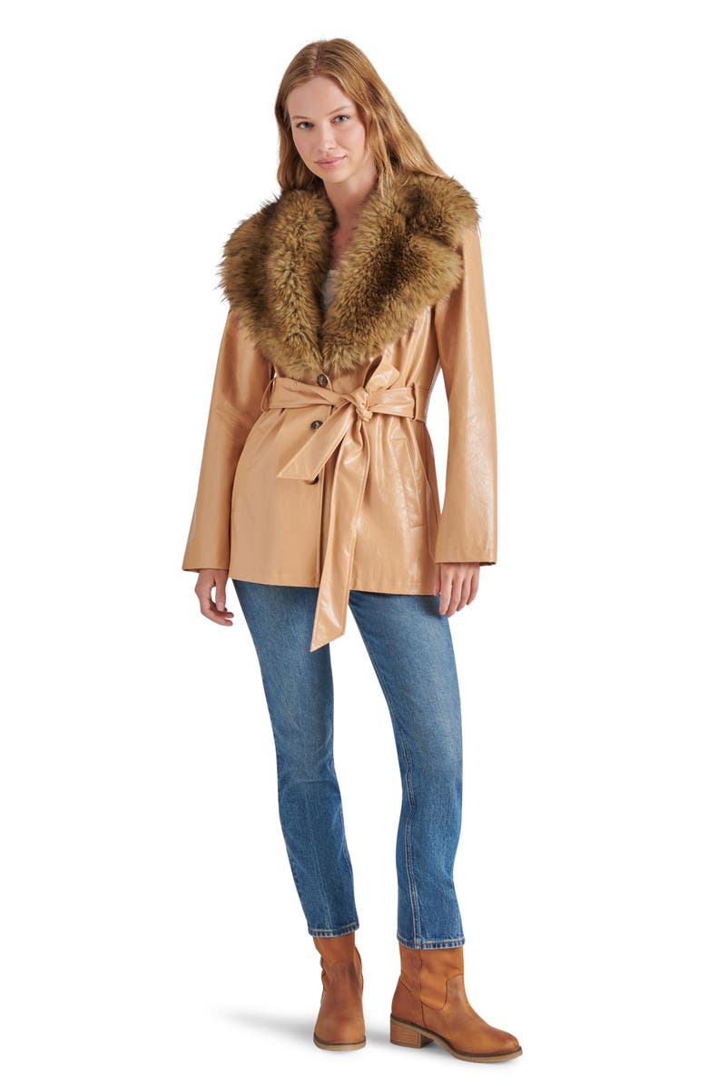 Steve Madden Bowery Faux Fur and Faux Leather Belted Jacket, Alternate, color, 