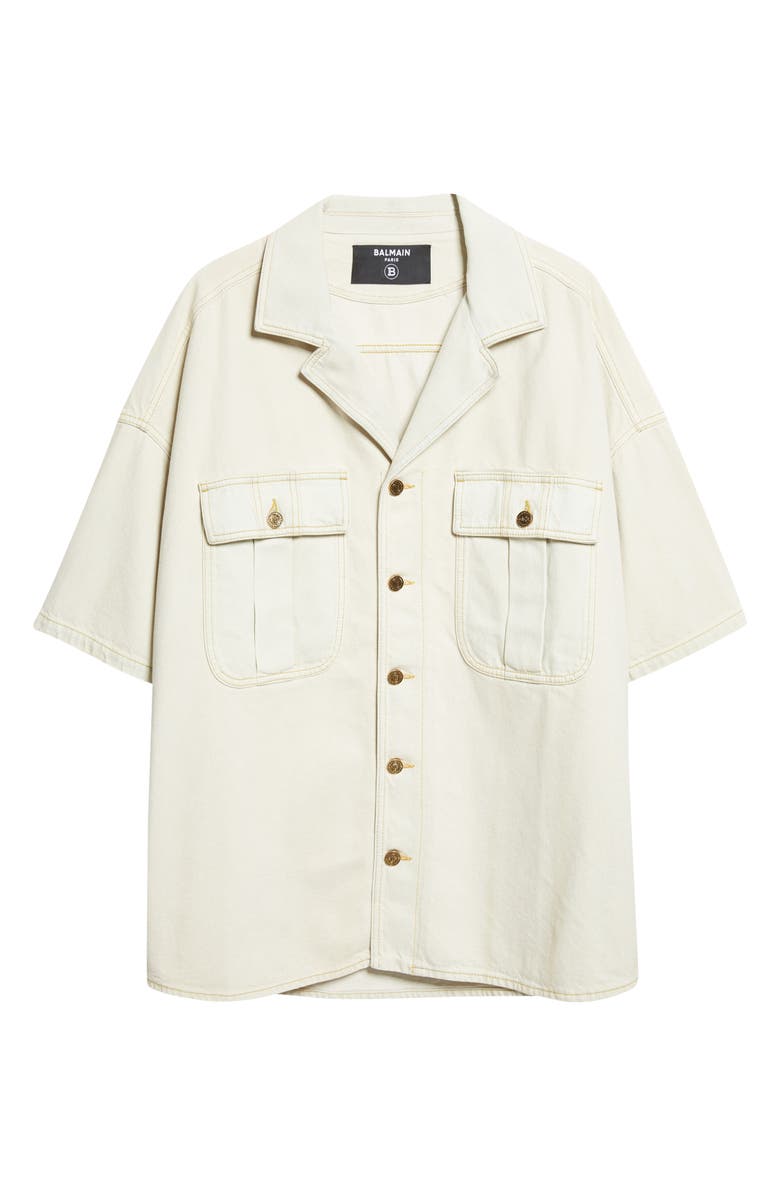 Balmain Oversize Denim Camp Shirt, Main, color, Beige