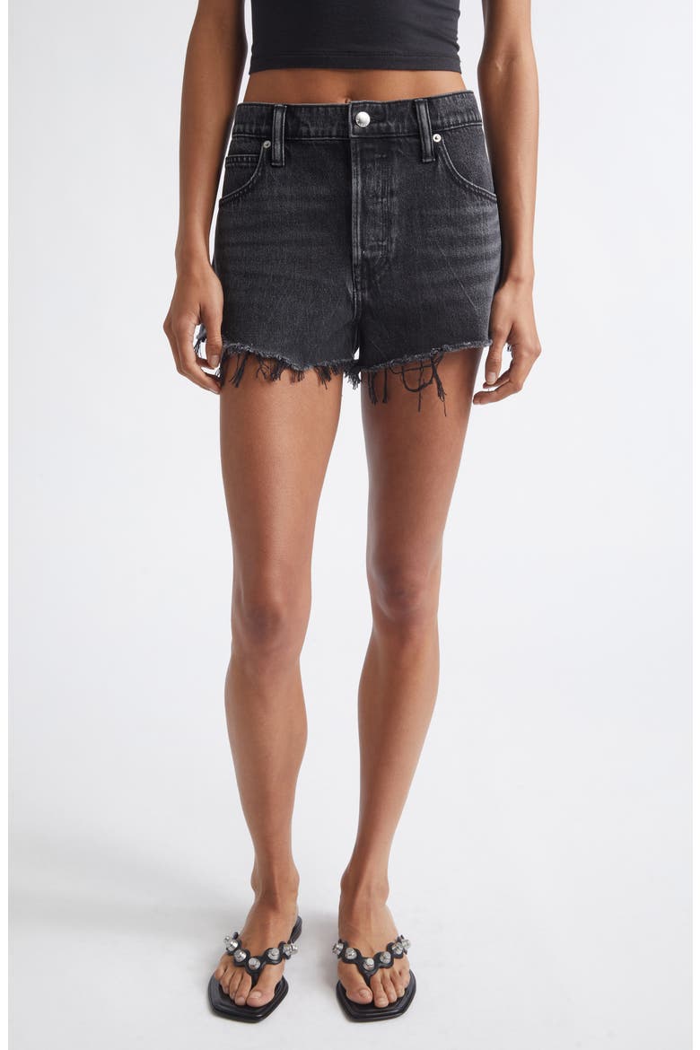Hotfix Logo Relaxed Fit Cutoff Denim Shorts, Main, color, GREY AGED