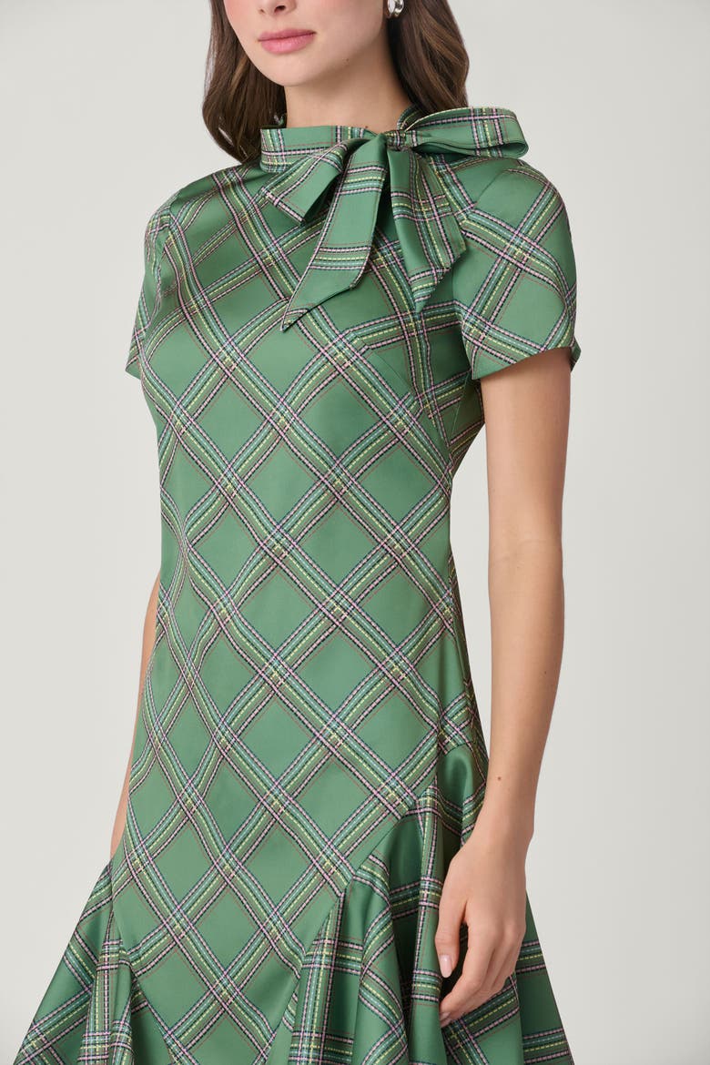 Dashed Plaid Satin Charmeuse Bosher Dress, Alternate, color, Olive Multi