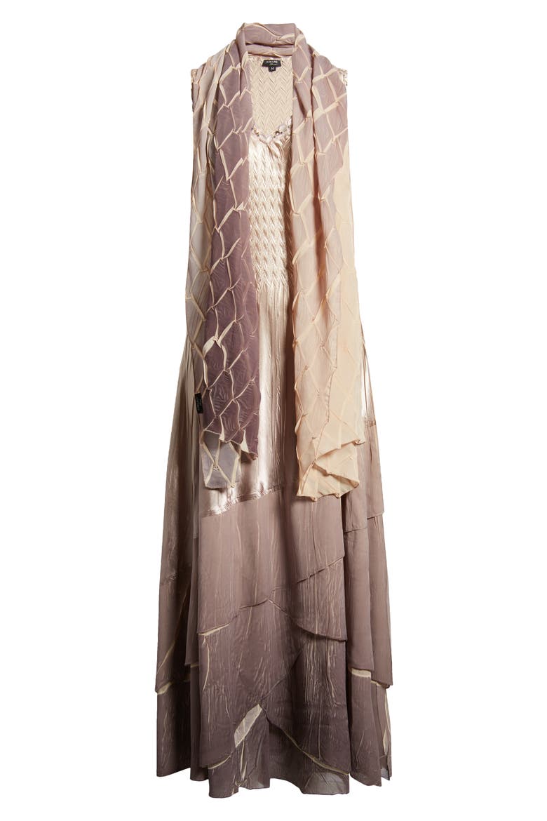 Tiered Ruffle Chiffon & Charmeuse Gown with Scarf, Alternate, color, BEACH CAFE OMBRE