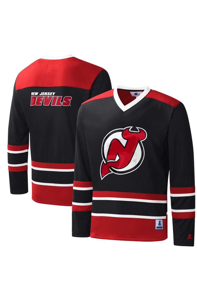 STARTER Men's Starter Black/Red New Jersey Devils Cross Check Jersey V-Neck Long Sleeve T-Shirt, Main, color,