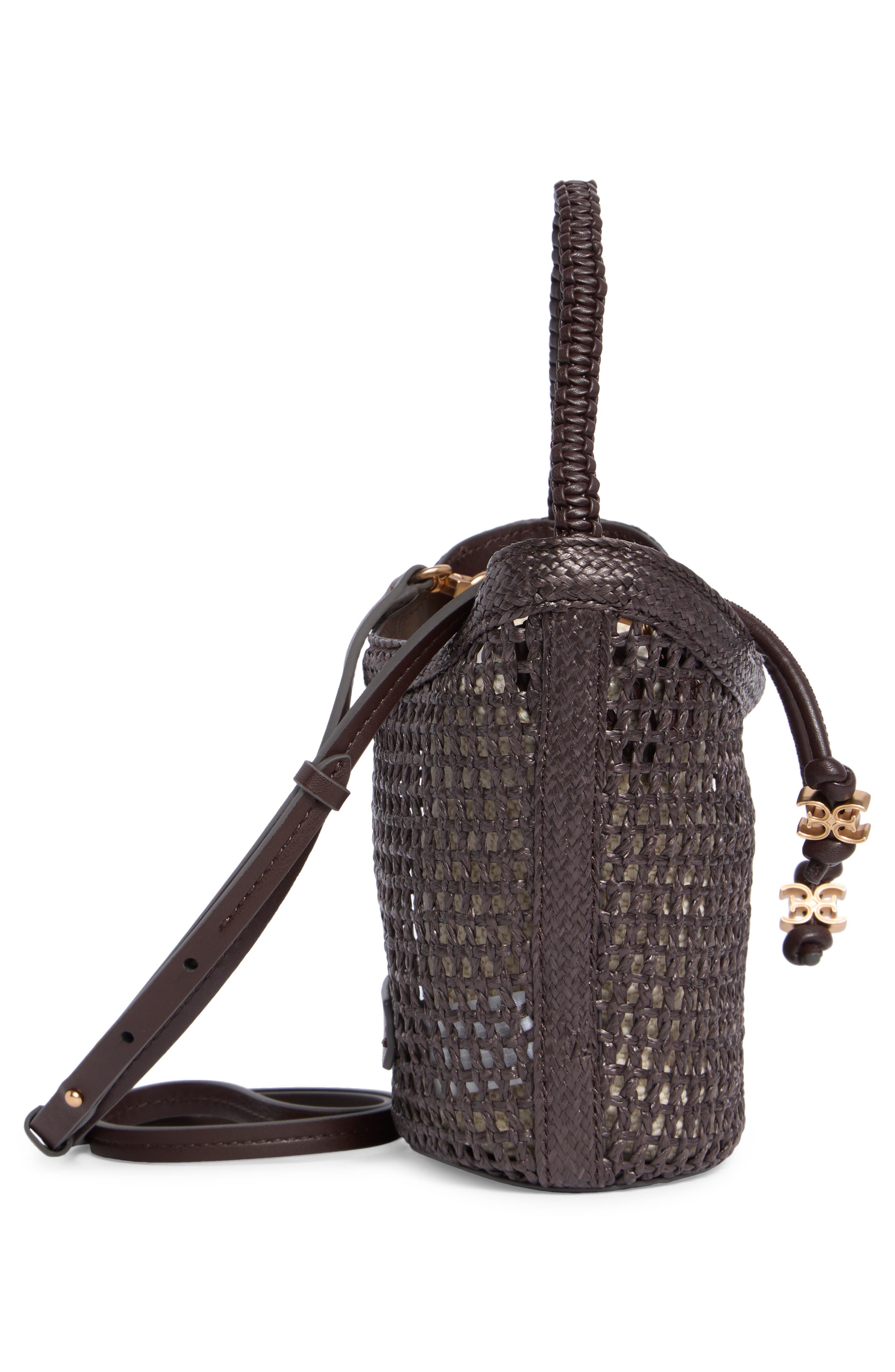 Sam Edelman Marcie Open Weave Small Bucket Crossbody Bag, Alternate, color, Dark Brown