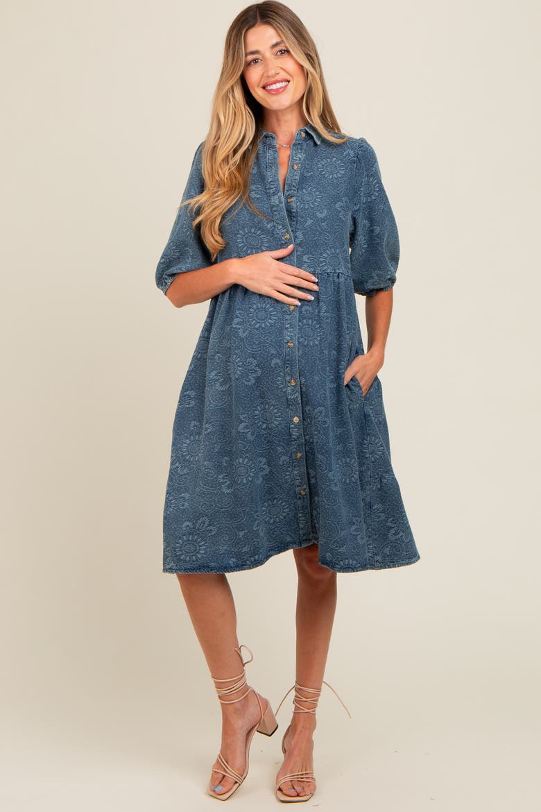 Denim Button Front Short Puff Sleeve Dress, Main, color, Blue