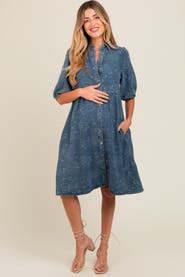 PinkBlush Denim Button Front Short Puff Sleeve Dress