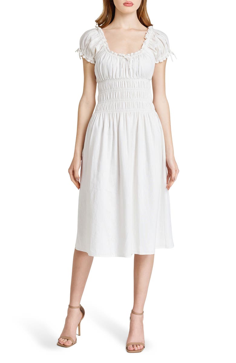 WAYF Adelina Shirred Linen Blend Midi Dress, Main, color, Ivory