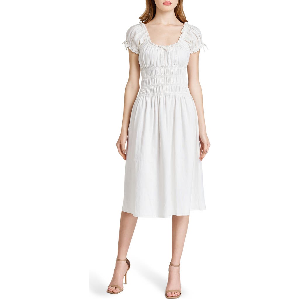 Shop Wayf Adelina Shirred Linen Blend Midi Dress In Ivory