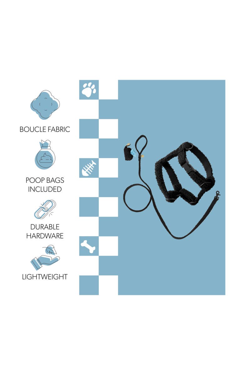 The Licker Store Teddy Bouclé Adjustable H Harness and Leash Walk Set with Poop Bag Pouch, Alternate, color, Black