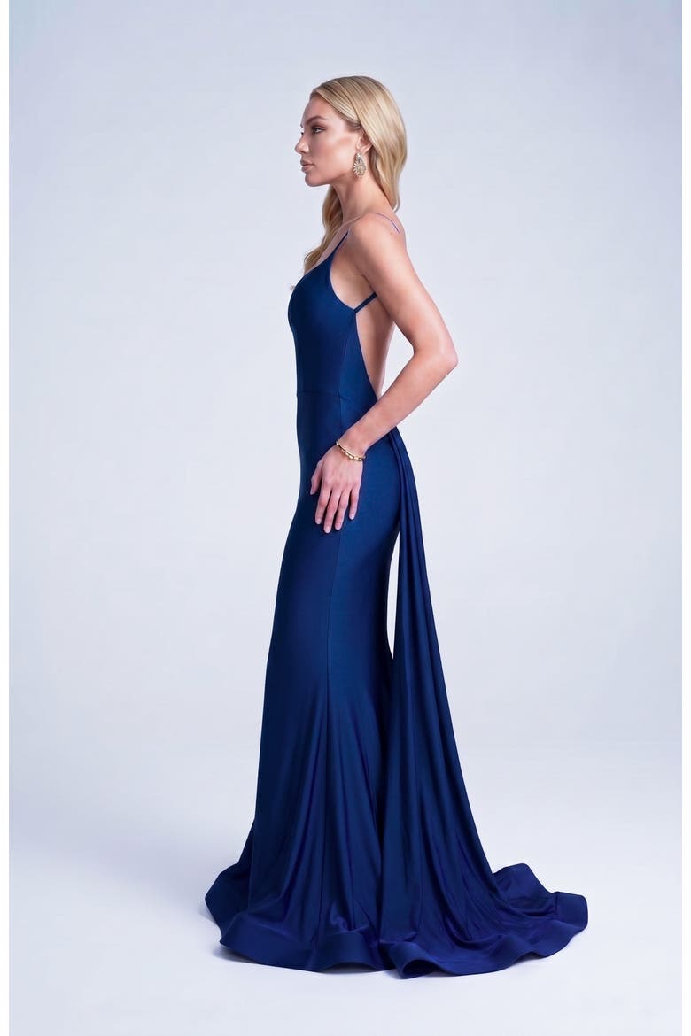 Open Back Pleated Sweetheart Mermaid Gown, Alternate, color, Navy
