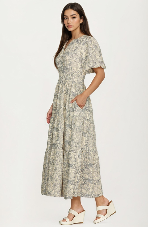 Floral Print Smocked Waist Maxi Dress with Short Sleeves