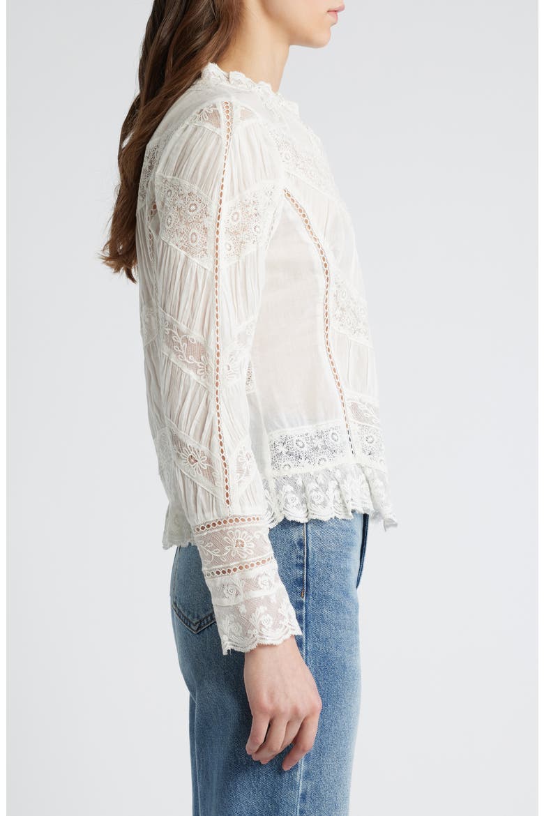 Beline Lace Inset Cotton Button-Up Shirt, Alternate, color, OFF WHITE