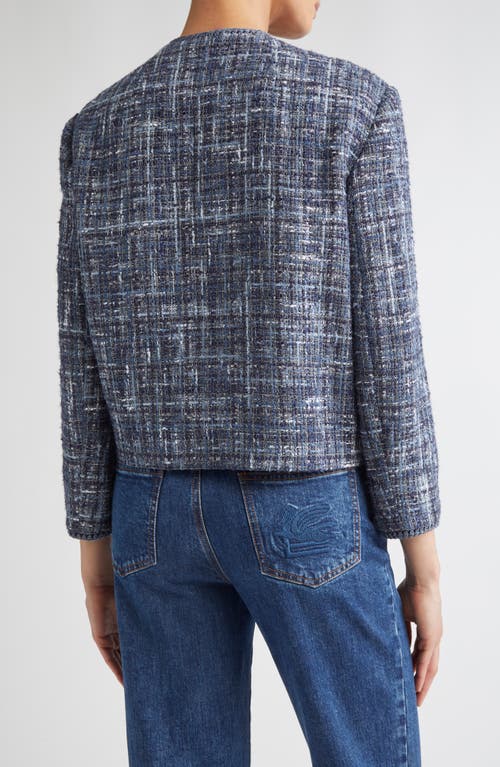 Etro Single-breasted Tweed Crop Jacket In Blue