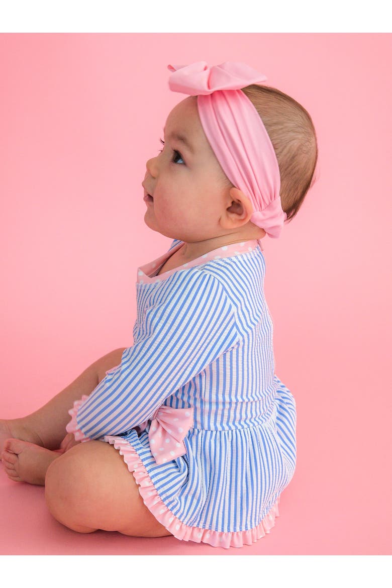 UPF50+ Seersucker Long Sleeve One Piece Bow Peplum Rash Guard Swimsuit, Alternate, color, Periwinkle Blue Seersucker