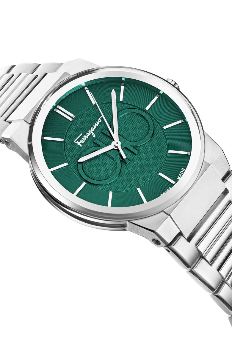 FERRAGAMO Green Dial Bracelet Strap Watch, 41mm, Alternate, color, Stainless Steel