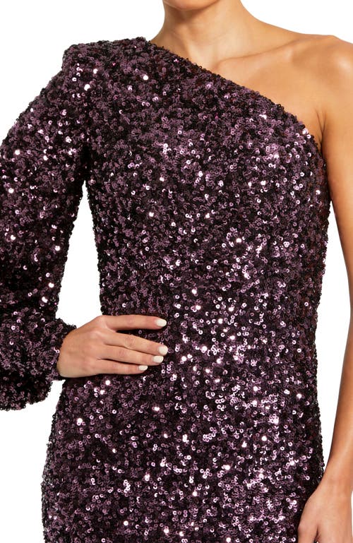 Mac Duggal Sequined One Shoulder Bishop Sleeve Trumpet Gown In Purple