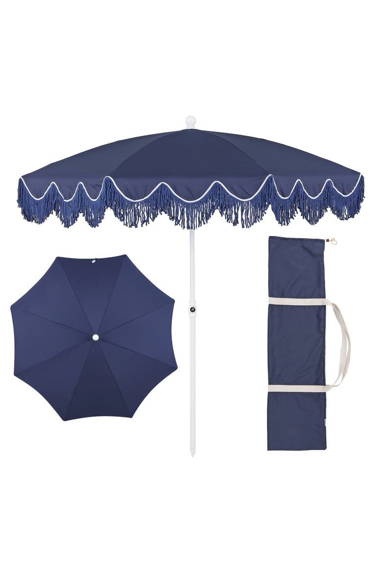Mariner Coastal Round Outdoor Beach Umbrella with Fringe Trim, Push-Button Tilt, UV 50 Canopy and Wood-Finish Pole, Main, color, Navy - White Pole