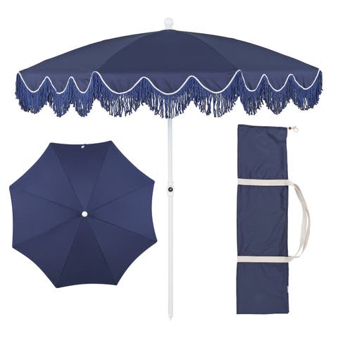 Mariner 6.5 ft. Classic Cottage Fringe Tassel Market Beach Umbrella with Push Button Tilt