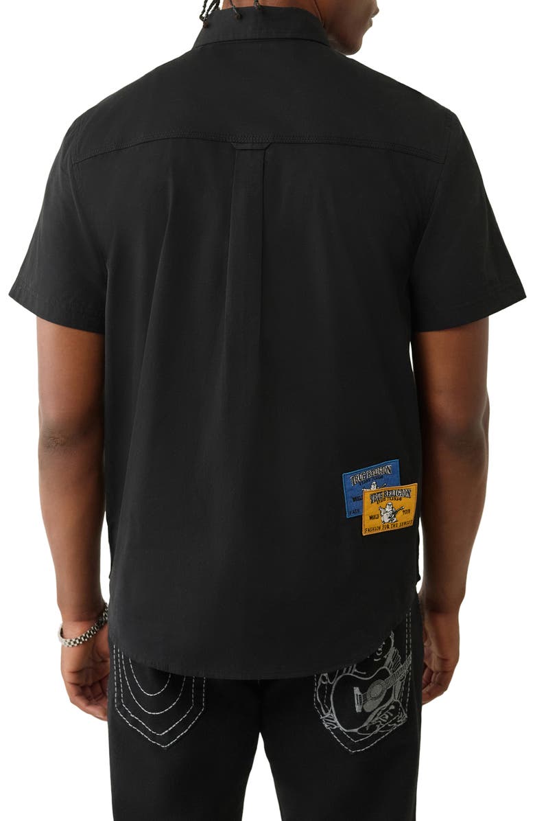 True Religion Logo Patch Short Sleeve Cotton Button-Up Work Shirt, Alternate, color, Black
