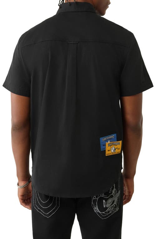 True Religion Logo Patch Short Sleeve Cotton Button-up Work Shirt In Black
