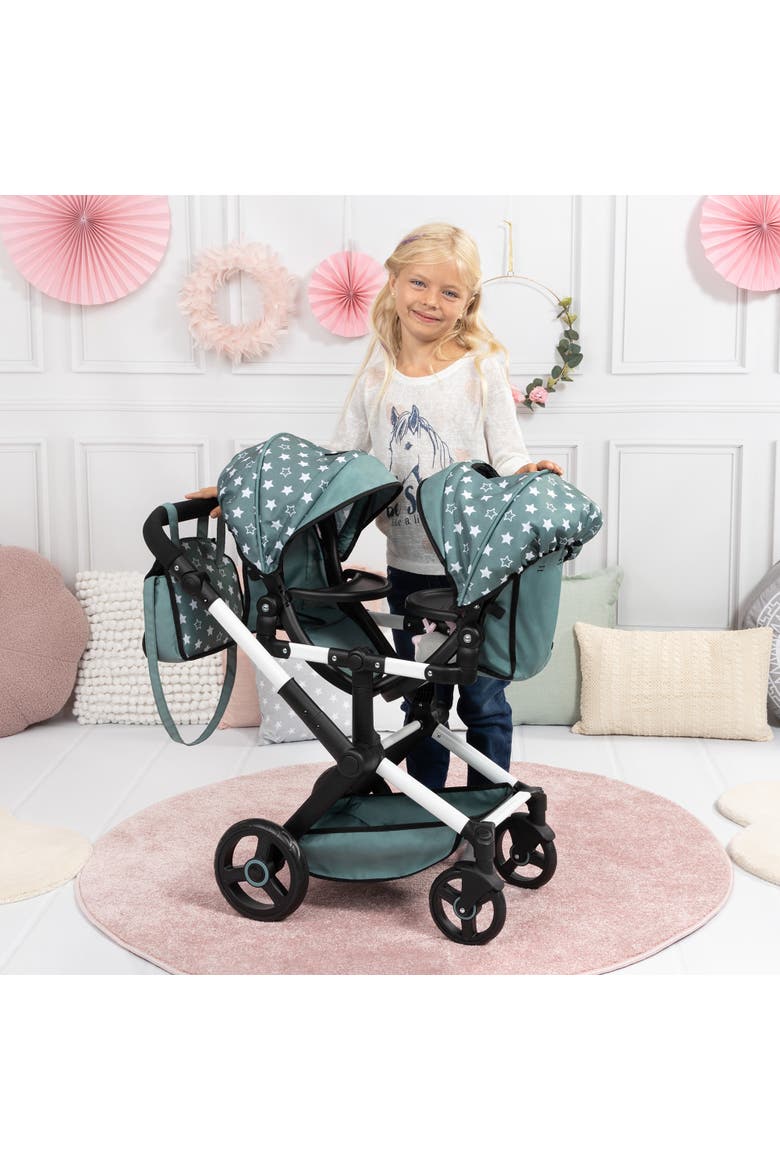 Pram Xeo Twin, Green & White Stars, Seats 2 Dolls Up to 18 Inch, Alternate, color, Multicolored