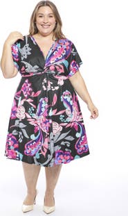 24seven Comfort Apparel Plus Size Paisley V-Neck Dolman Sleeve Twist Front A-Line Midi Dress