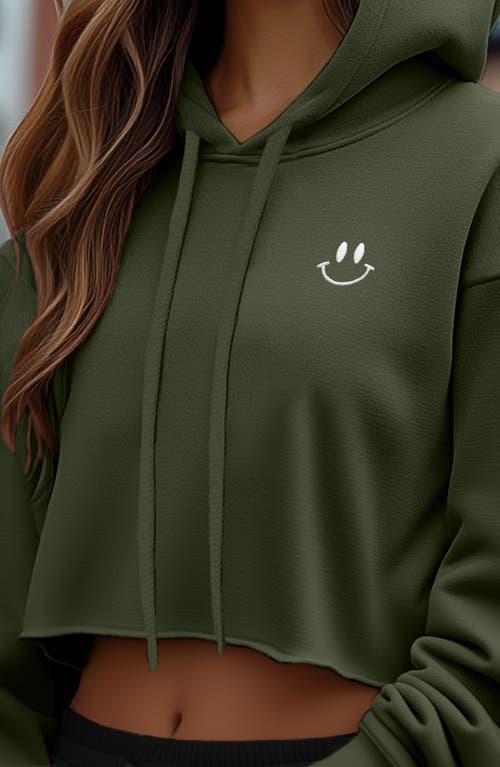 Dalix Smile Face Cropped Hoodie In Military Green
